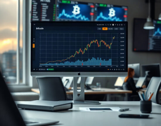 Bitcoin price chart on a monitor showing an upward trend in a professional trading environment