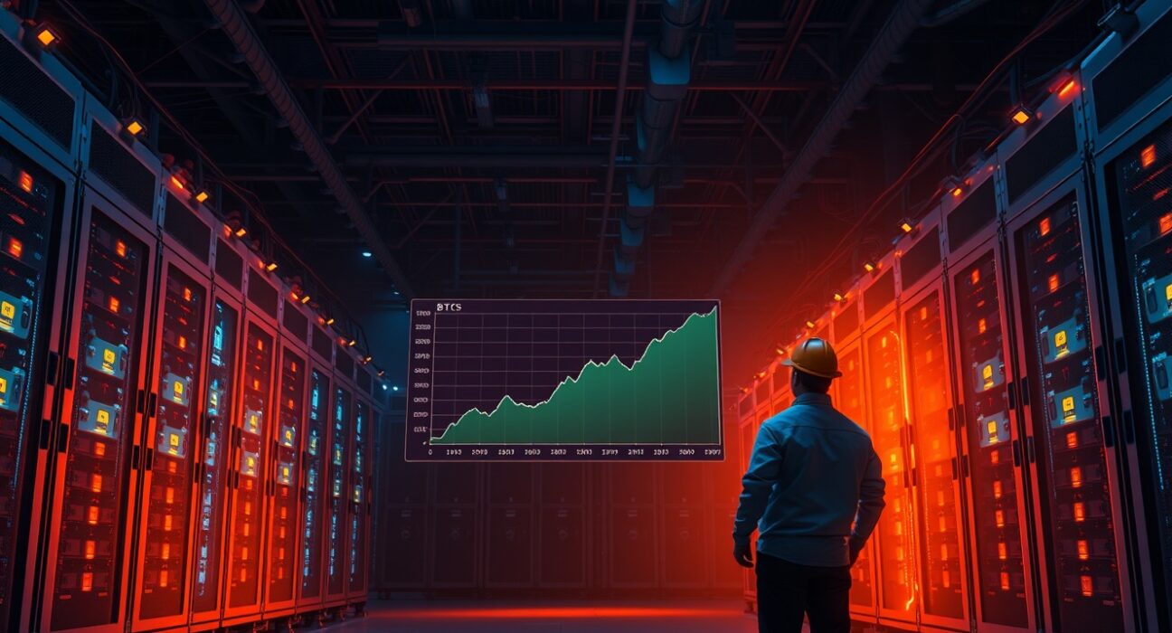 Bitcoin mining facility interior with miner monitoring a digital dashboard showing rising BTC deposit trend