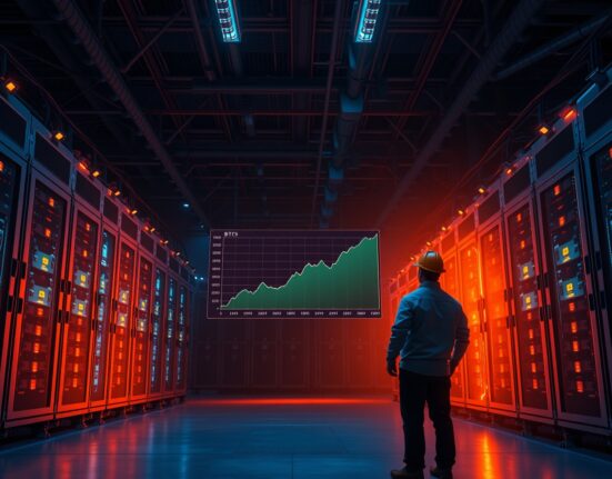 Bitcoin mining facility interior with miner monitoring a digital dashboard showing rising BTC deposit trend