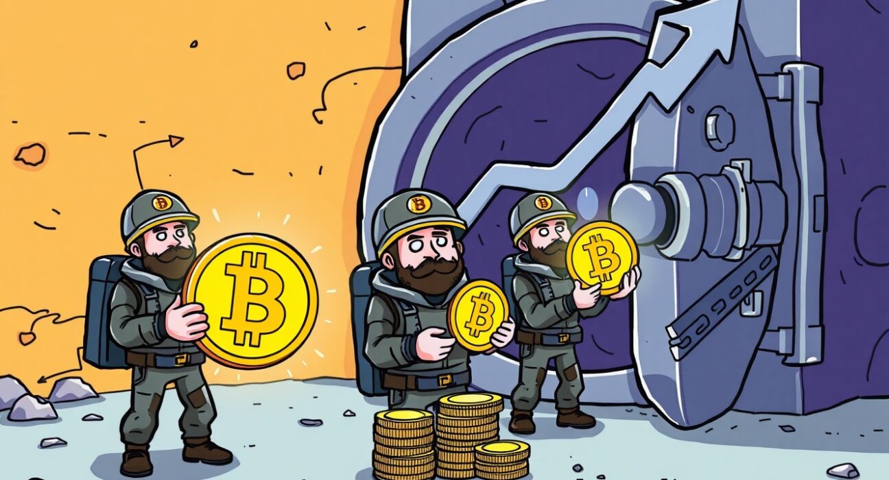 Cartoon miners holding Bitcoin, symbolizing declining Bitcoin miner deposits and potential accumulation, hinting at future price gains.