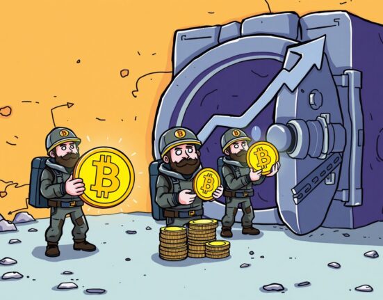 Cartoon miners holding Bitcoin, symbolizing declining Bitcoin miner deposits and potential accumulation, hinting at future price gains.