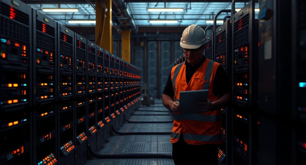 Technician inspecting Bitcoin mining machines in a large facility at dusk