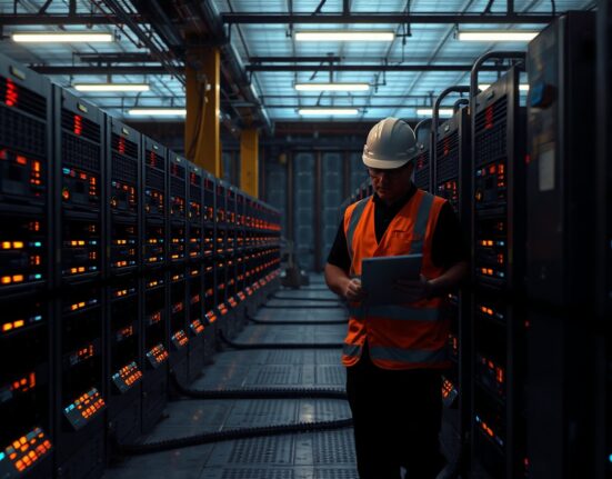Technician inspecting Bitcoin mining machines in a large facility at dusk