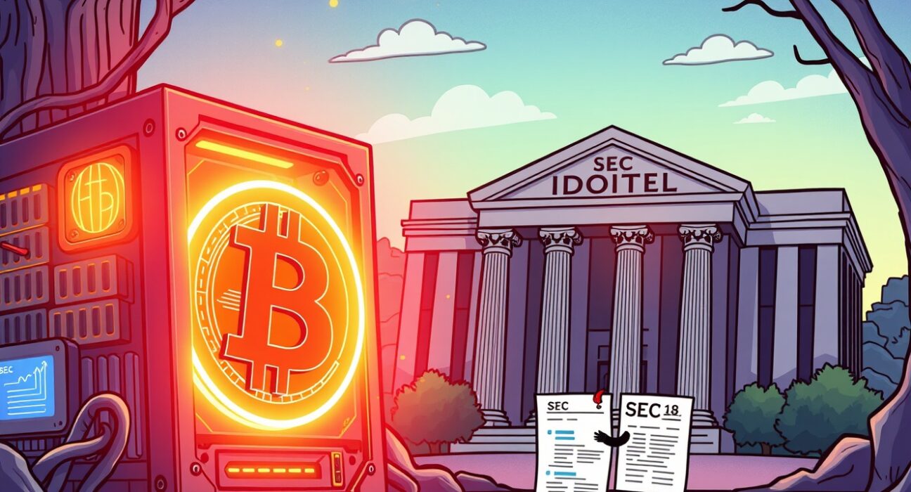 A cartoon illustration showing the renewed efforts of Bitcoin miner Ionic Digital to launch its IPO, highlighting the SEC filing process.