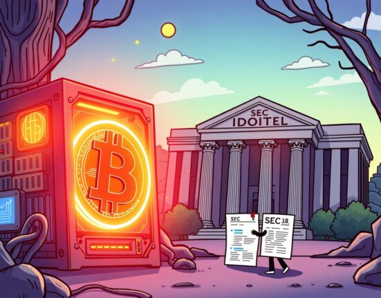 A cartoon illustration showing the renewed efforts of Bitcoin miner Ionic Digital to launch its IPO, highlighting the SEC filing process.