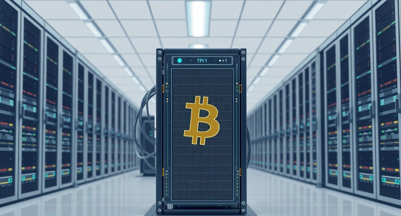 Industrial Bitcoin mining rig representing potential industry-wide financial pressure and asset liquidation.