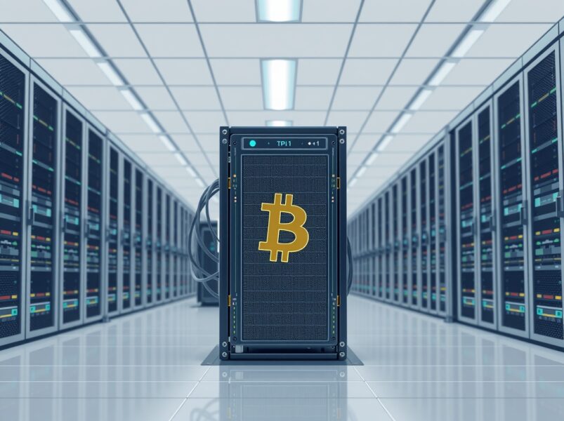 Industrial Bitcoin mining rig representing potential industry-wide financial pressure and asset liquidation.