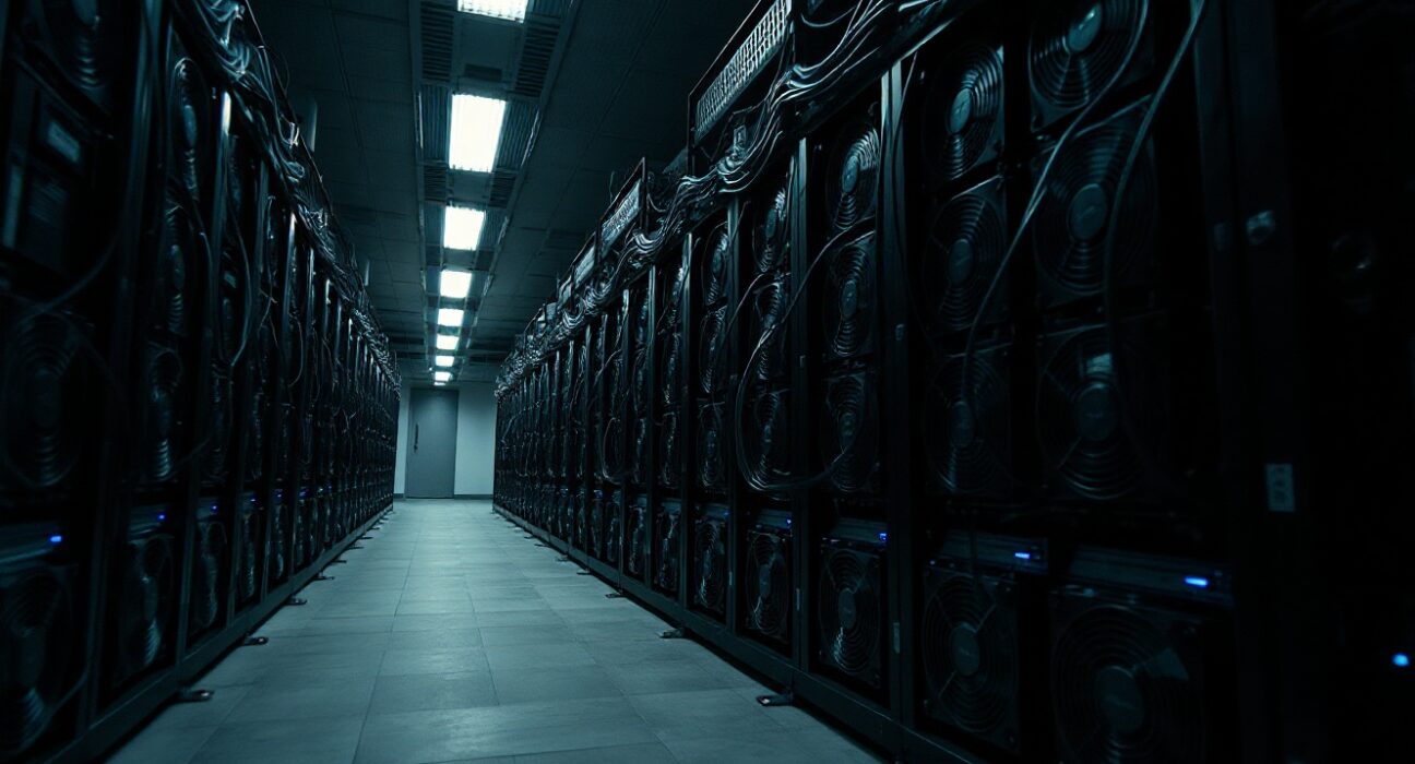 Dimly lit Bitcoin mining facility with rows of hardware and cooling systems