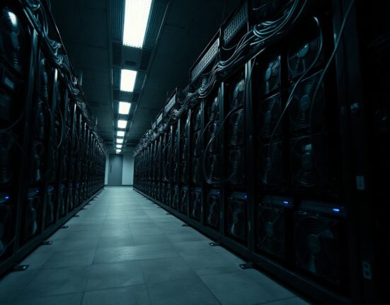 Dimly lit Bitcoin mining facility with rows of hardware and cooling systems