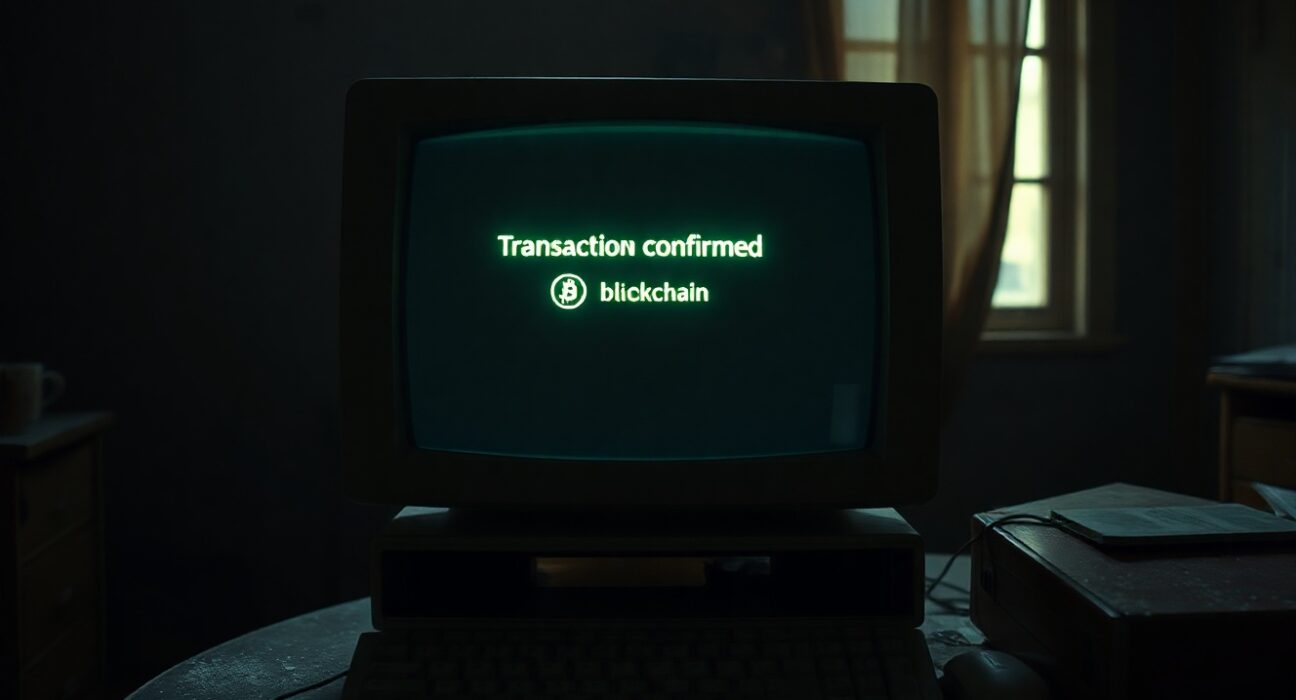 Vintage computer monitor displaying a Bitcoin transaction confirmation in a dimly lit room