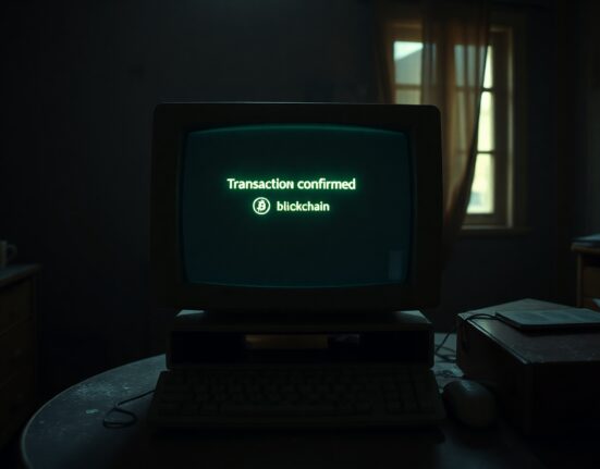 Vintage computer monitor displaying a Bitcoin transaction confirmation in a dimly lit room