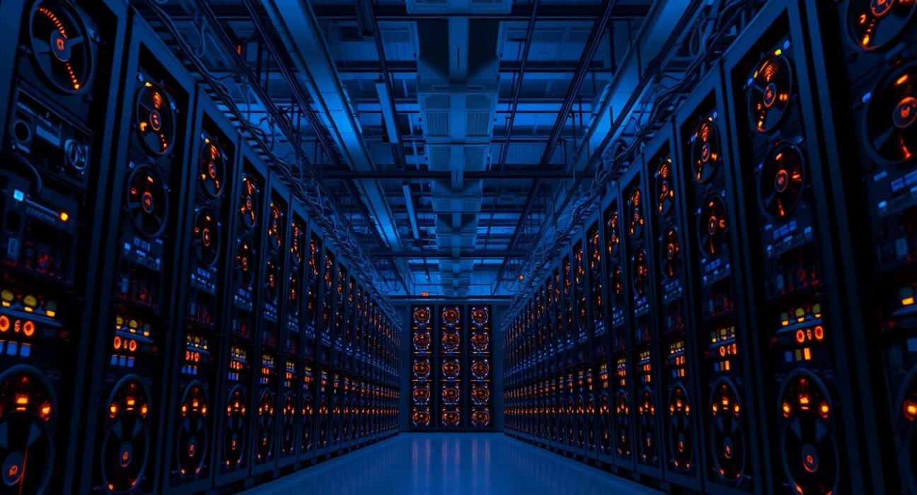 Bitcoin mining rigs in a large data center with blue and orange LED lights.