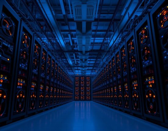 Bitcoin mining rigs in a large data center with blue and orange LED lights.