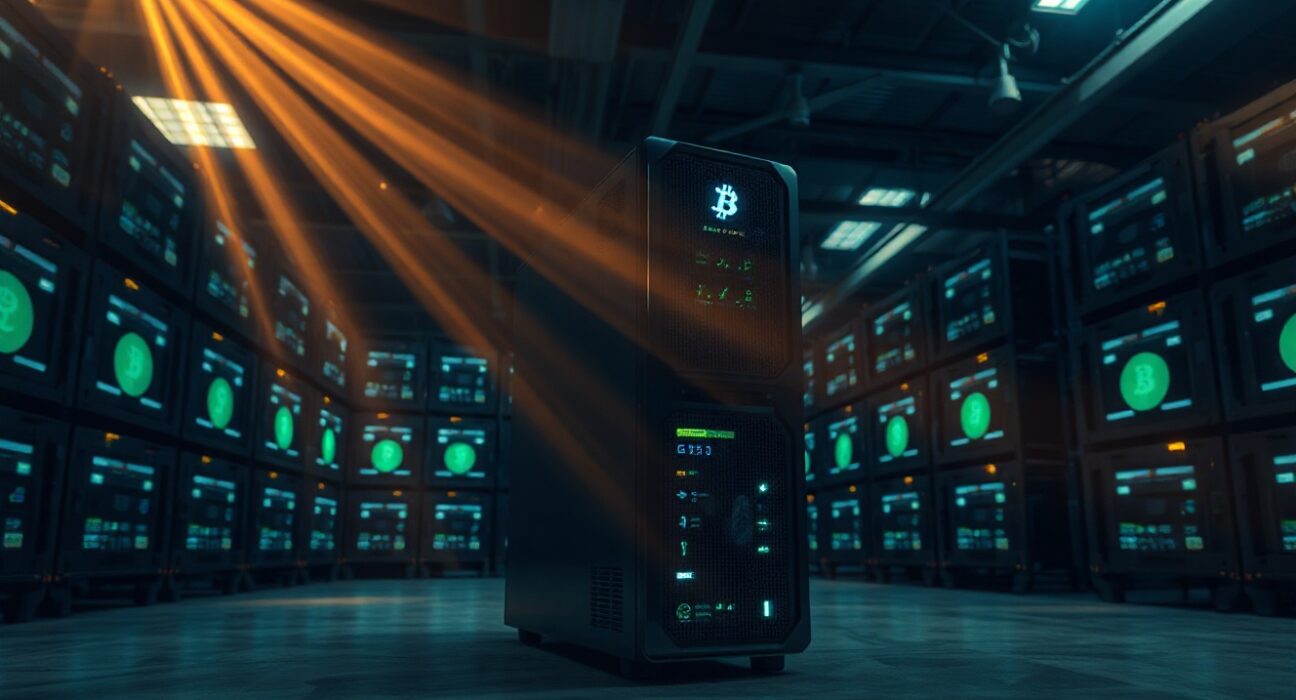 Bitcoin mining facility with rows of ASIC miners under dim industrial lighting