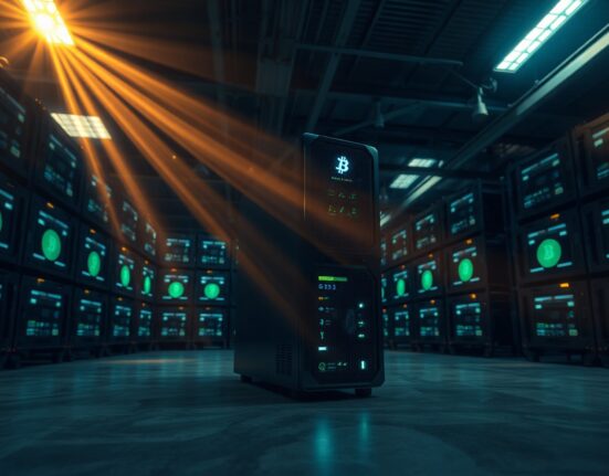 Bitcoin mining facility with rows of ASIC miners under dim industrial lighting