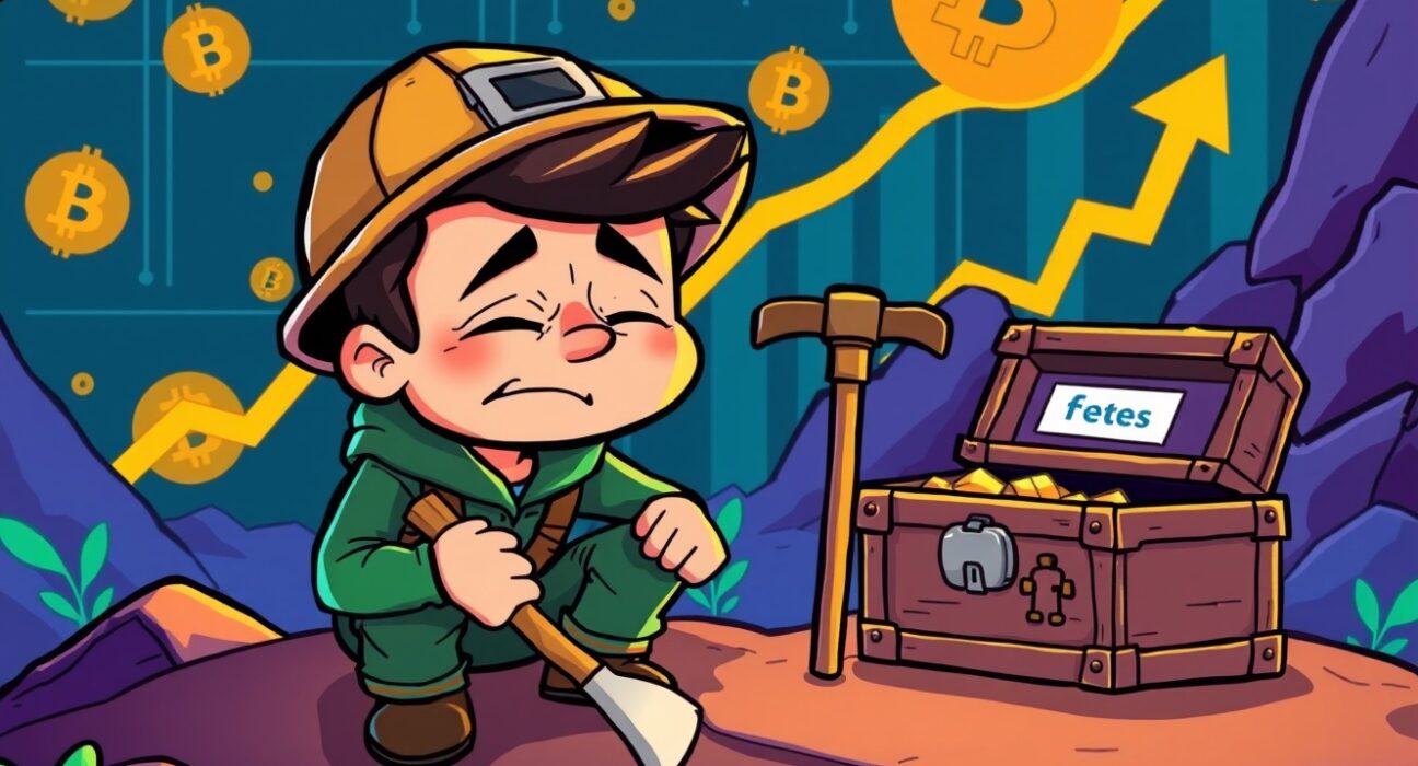 Cartoon illustration of declining Bitcoin miner revenue with a sad miner and small fee chest