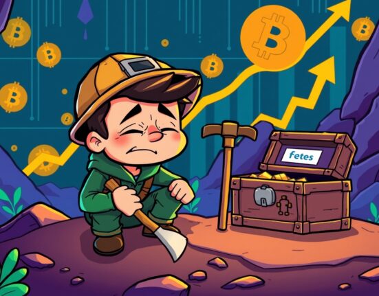 Cartoon illustration of declining Bitcoin miner revenue with a sad miner and small fee chest