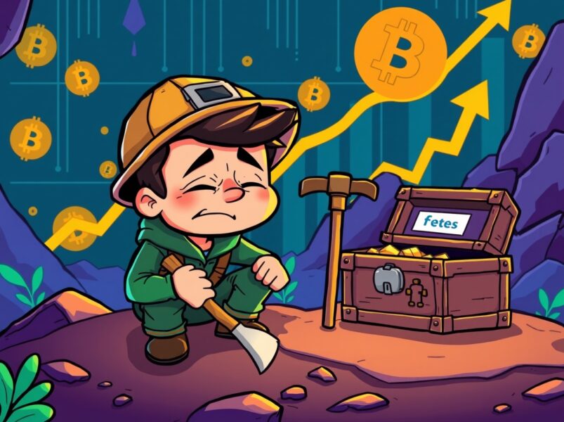 Cartoon illustration of declining Bitcoin miner revenue with a sad miner and small fee chest