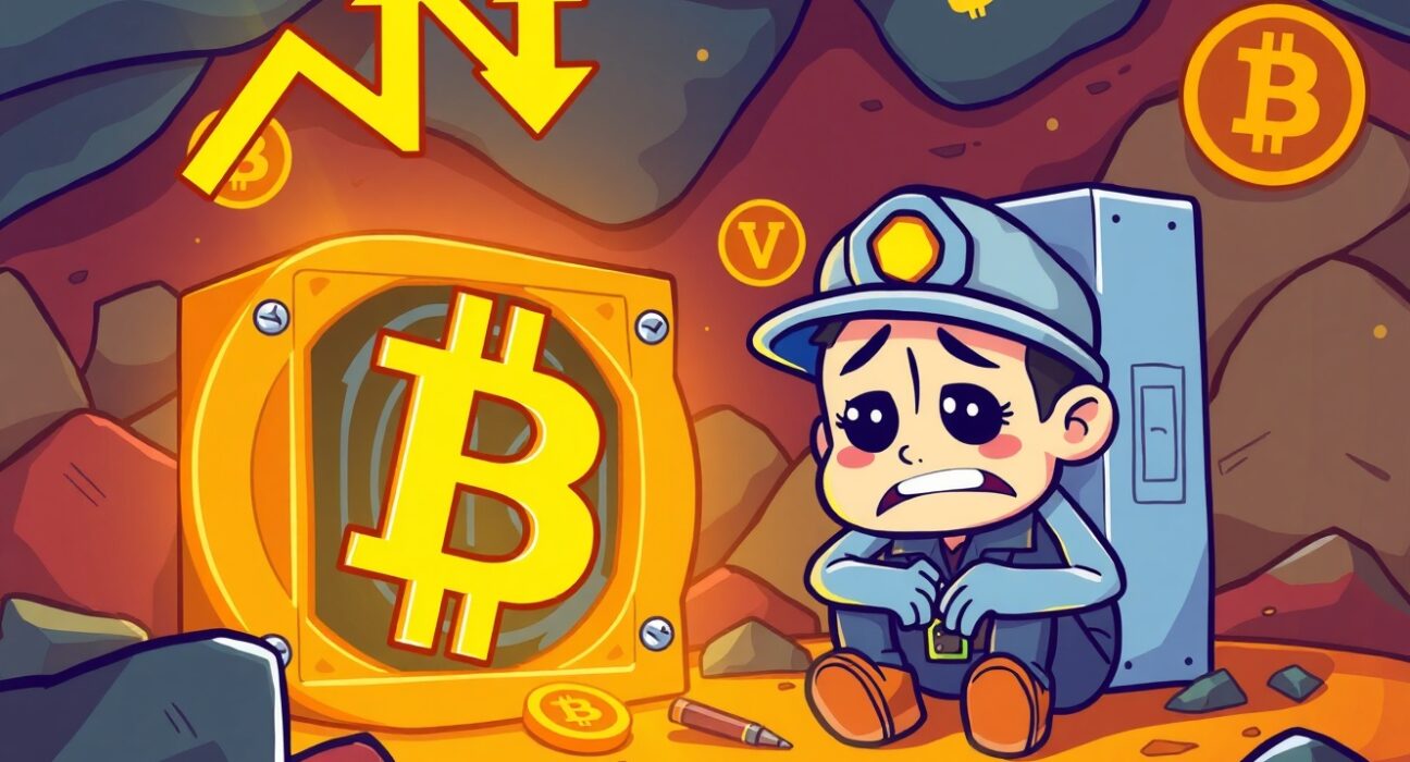 Bitcoin miner revenue struggle shown through cartoon miner with declining mining equipment