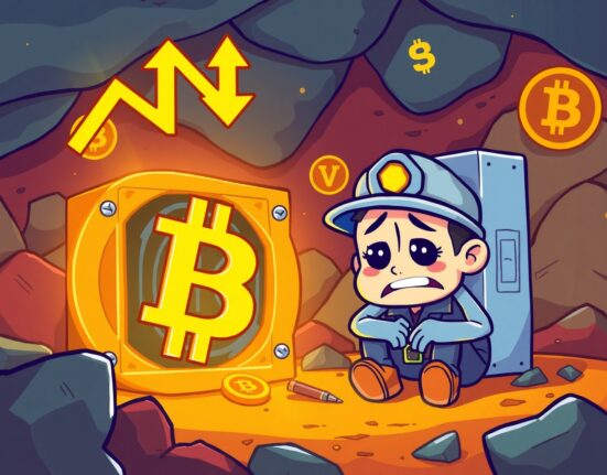 Bitcoin miner revenue struggle shown through cartoon miner with declining mining equipment