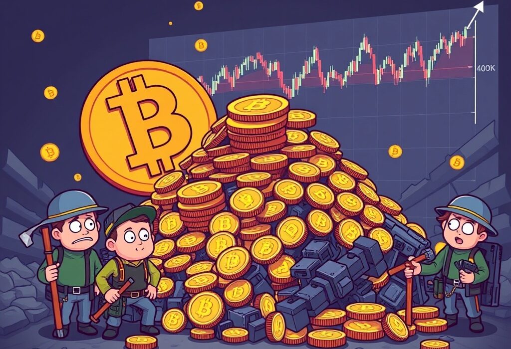A cartoon illustration depicting Bitcoin miner sales, showing the impact of significant BTC selling pressure on the crypto market.
