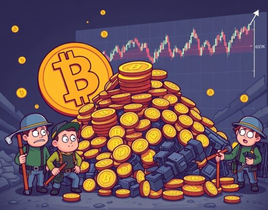 A cartoon illustration depicting Bitcoin miner sales, showing the impact of significant BTC selling pressure on the crypto market.