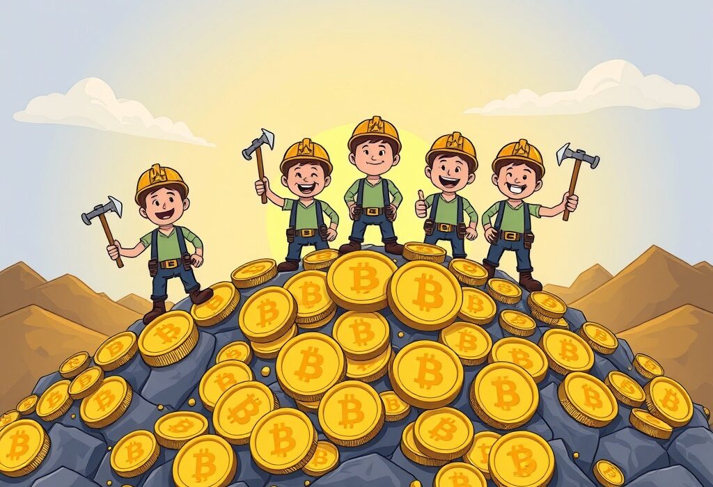 A cartoon illustration depicting a resilient Bitcoin miner celebrating the end of selling pressure, signaling potential growth for BTC.