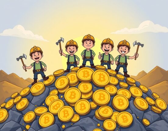 A cartoon illustration depicting a resilient Bitcoin miner celebrating the end of selling pressure, signaling potential growth for BTC.