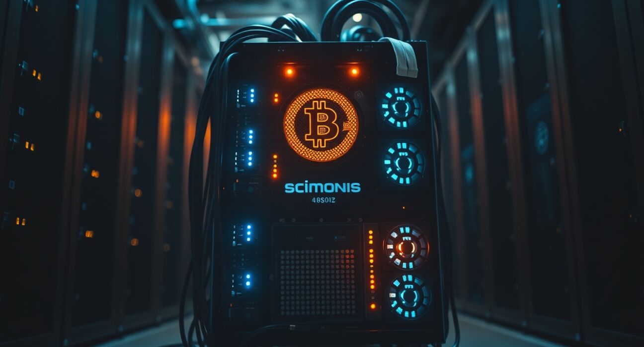 Close-up of Bitcoin mining rigs in a dimly lit data center, representing miner stress and market pressure.