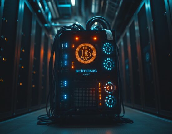 Close-up of Bitcoin mining rigs in a dimly lit data center, representing miner stress and market pressure.
