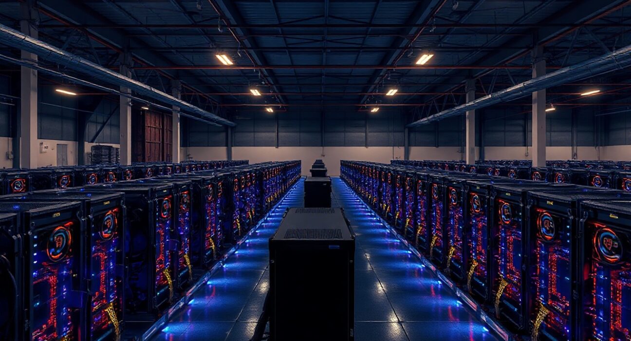 Bitcoin mining facility with rows of mining rigs in operation