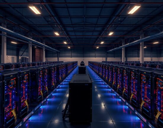 Bitcoin mining facility with rows of mining rigs in operation
