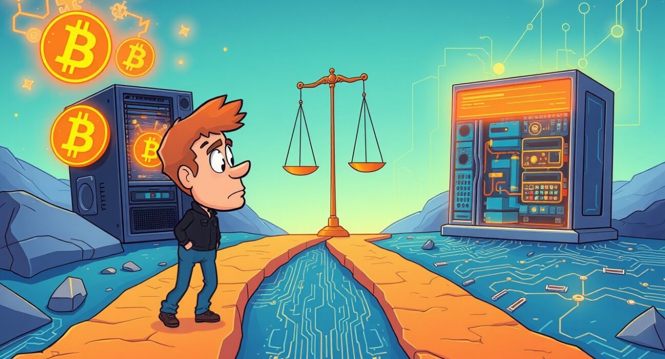 Bitcoin miners facing a critical choice between cryptocurrency mining rigs and artificial intelligence servers in a vibrant cartoon scene.