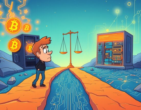 Bitcoin miners facing a critical choice between cryptocurrency mining rigs and artificial intelligence servers in a vibrant cartoon scene.