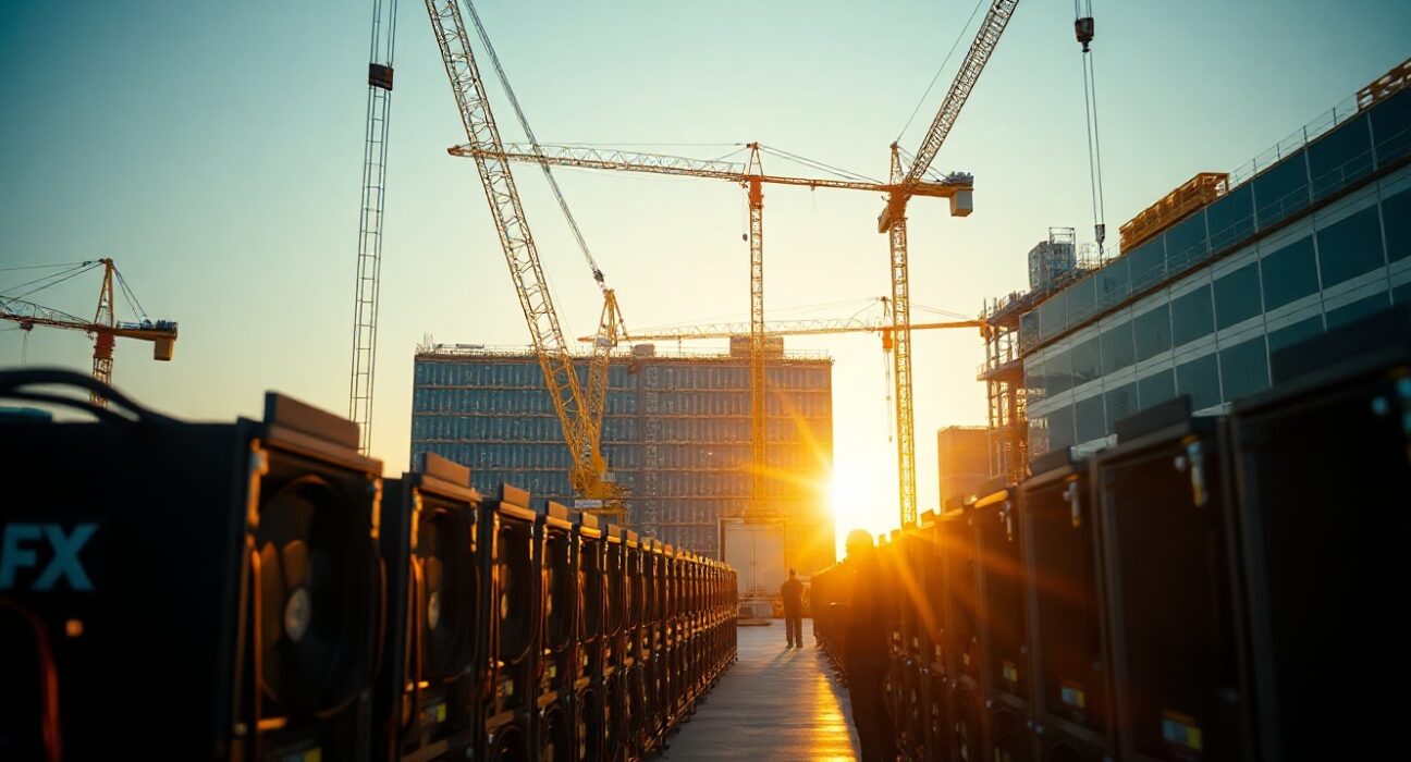 Bitcoin mining facility transitioning to AI data center with new server racks being installed at dawn