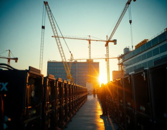 Bitcoin mining facility transitioning to AI data center with new server racks being installed at dawn