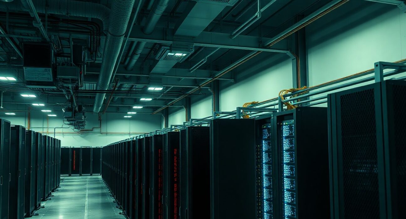 Interior of a Bitcoin mining facility with a section converted to AI servers, showing the transition to high-performance computing.
