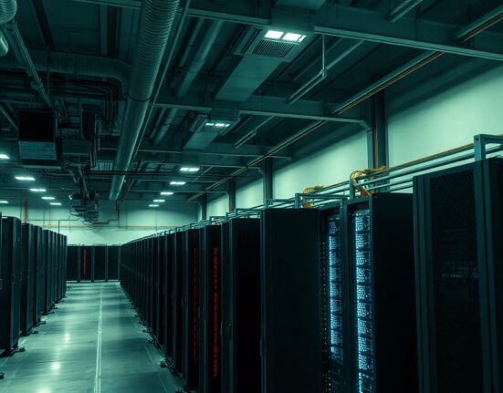 Interior of a Bitcoin mining facility with a section converted to AI servers, showing the transition to high-performance computing.