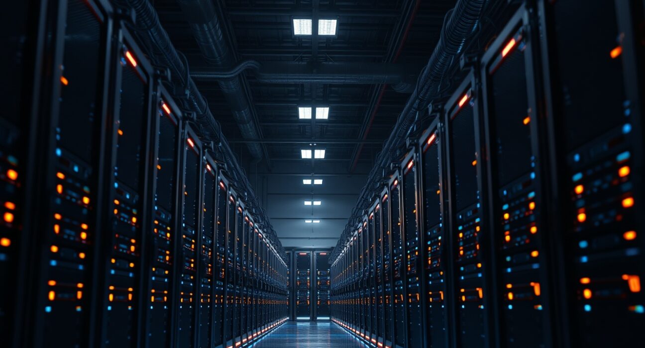 Interior of a large Bitcoin mining facility with rows of mining rigs illuminated by blue and orange LED lights.