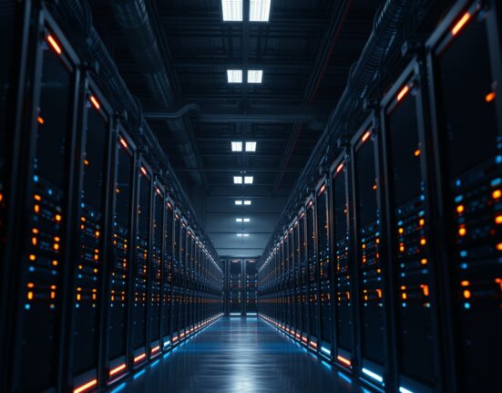 Interior of a large Bitcoin mining facility with rows of mining rigs illuminated by blue and orange LED lights.