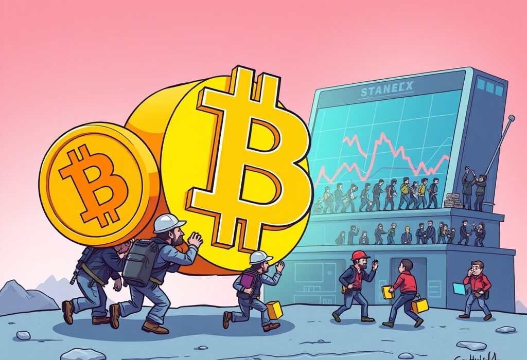 Cartoon illustration showing Bitcoin miners pushing a large Bitcoin onto an exchange, symbolizing the significant BTC exchange deposits and potential market impact.