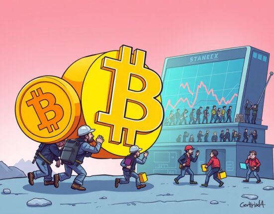 Cartoon illustration showing Bitcoin miners pushing a large Bitcoin onto an exchange, symbolizing the significant BTC exchange deposits and potential market impact.