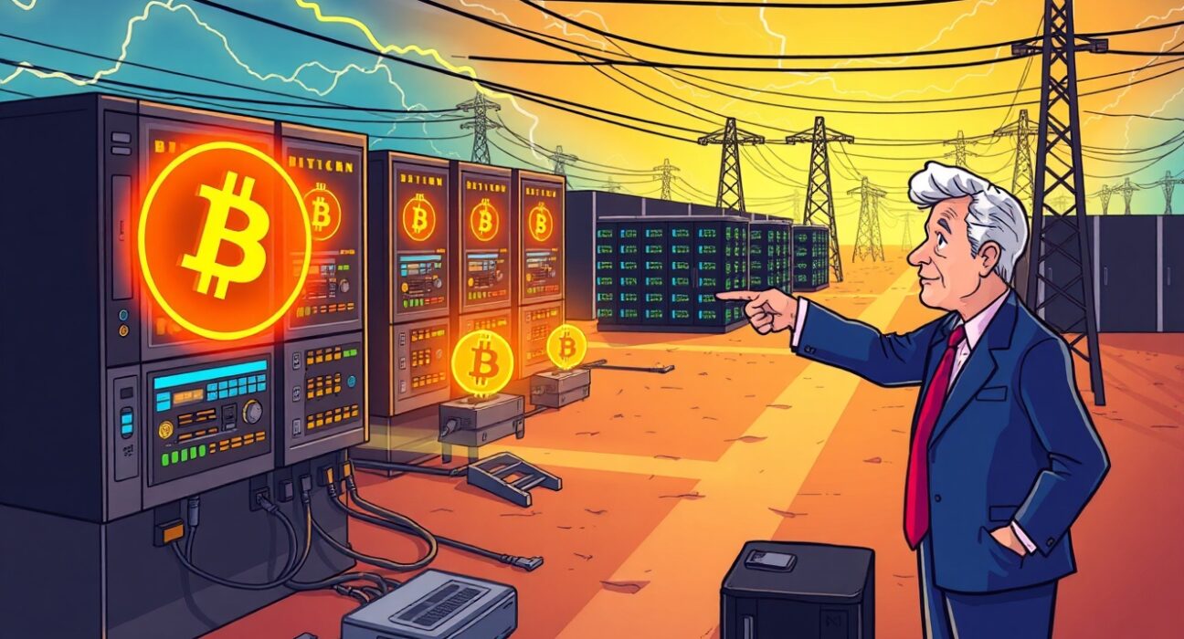 Cartoon showing Bitcoin miners and AI data centers directly accessing a powerful energy grid, symbolizing integration and future energy solutions.