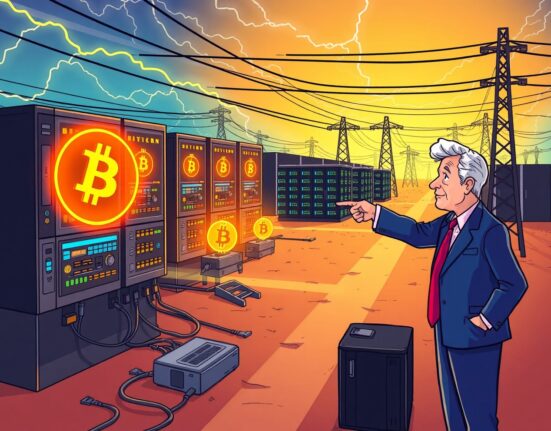 Cartoon showing Bitcoin miners and AI data centers directly accessing a powerful energy grid, symbolizing integration and future energy solutions.