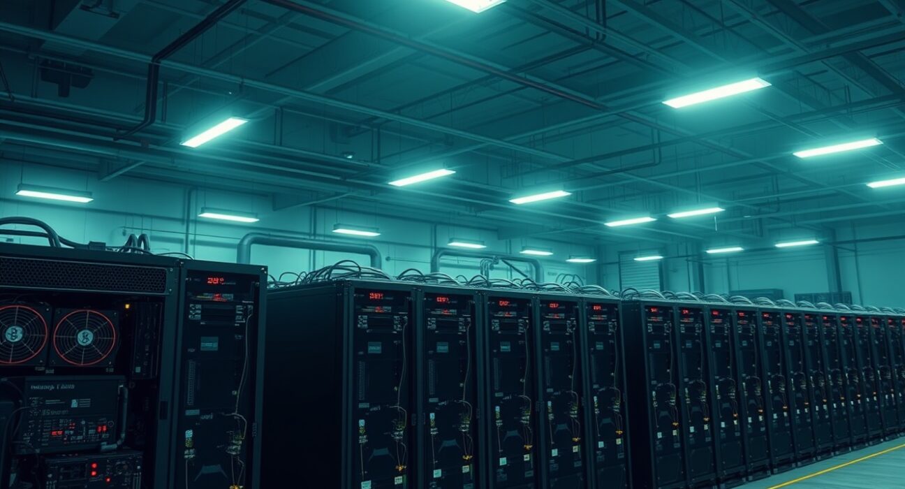 Interior of a large Bitcoin mining facility with rows of mining rigs under industrial lighting
