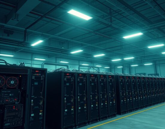 Interior of a large Bitcoin mining facility with rows of mining rigs under industrial lighting
