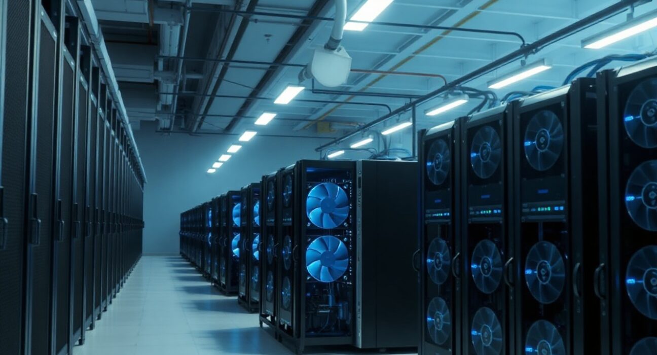 Bitcoin mining machines in a data center with blue lights