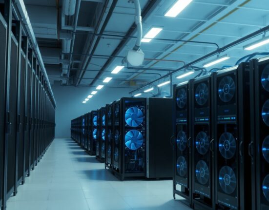 Bitcoin mining machines in a data center with blue lights