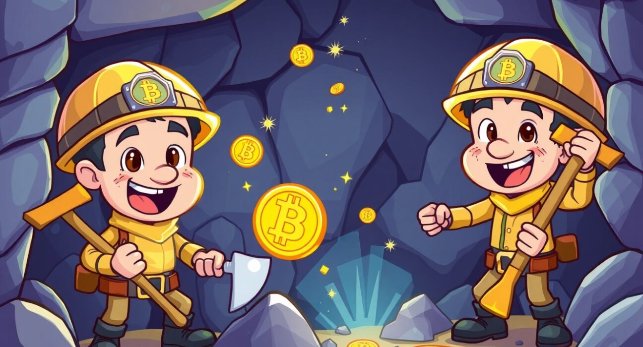 Bitcoin miners strategically accumulating digital currency in vibrant mining operation