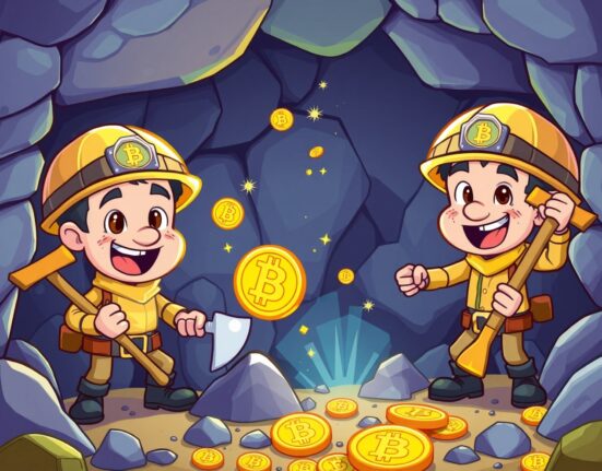 Bitcoin miners strategically accumulating digital currency in vibrant mining operation